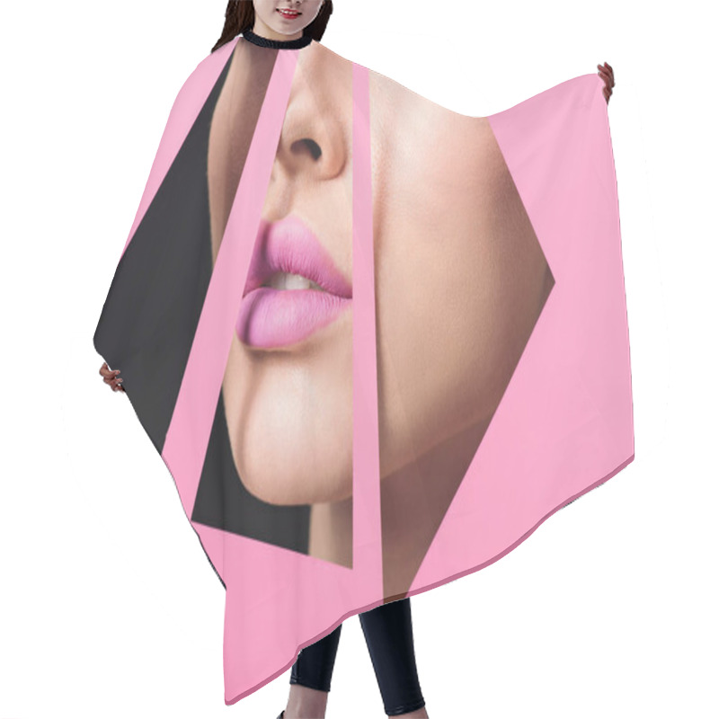 Personality  Cropped View Of Female Face With Pink Lips Across Triangular Holes In Paper On Black Background Hair Cutting Cape