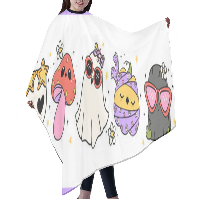 Personality  Groovy Retro Halloween Happy Cartoon Character Lined Doodle Banner Hair Cutting Cape