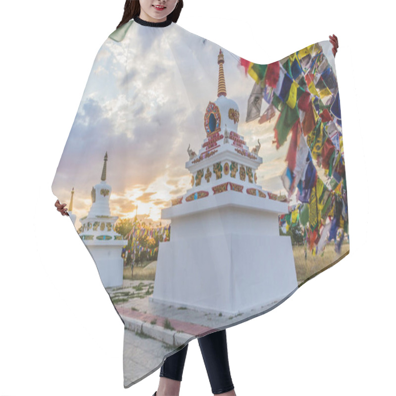 Personality  Stupas And Flags Near Syakusn Syume, Geden Sheddup Choikorling Monastery, Tibetan Buddhist Monastery In Elista, Republic Of Kalmykia, Russia Hair Cutting Cape