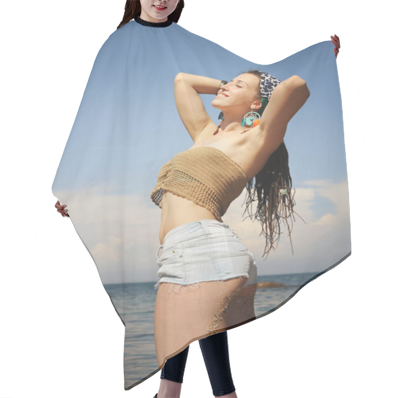 Personality  Woman Portrait Against Seascape, Jeans Shorts And Knitted Top, Girl With Dreadlocks Hair Cutting Cape