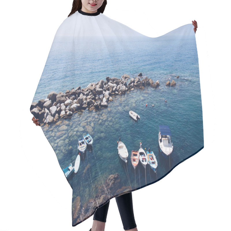 Personality  A Serene Coastal Scene With Small Boats Anchored In Crystal-clear Waters, Surrounded By Rocky Shores, Evoking Mediterranean Charm And Tranquil Summer Vibes. Hair Cutting Cape