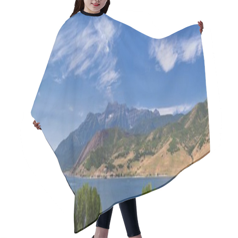 Personality  Panoramic Landscape View From Heber, Utah County, View Of Backside Of Mount Timpanogos Near Deer Creek Reservoir In The Wasatch Front Rocky Mountains, And Cloudscape. Utah, USA. Hair Cutting Cape