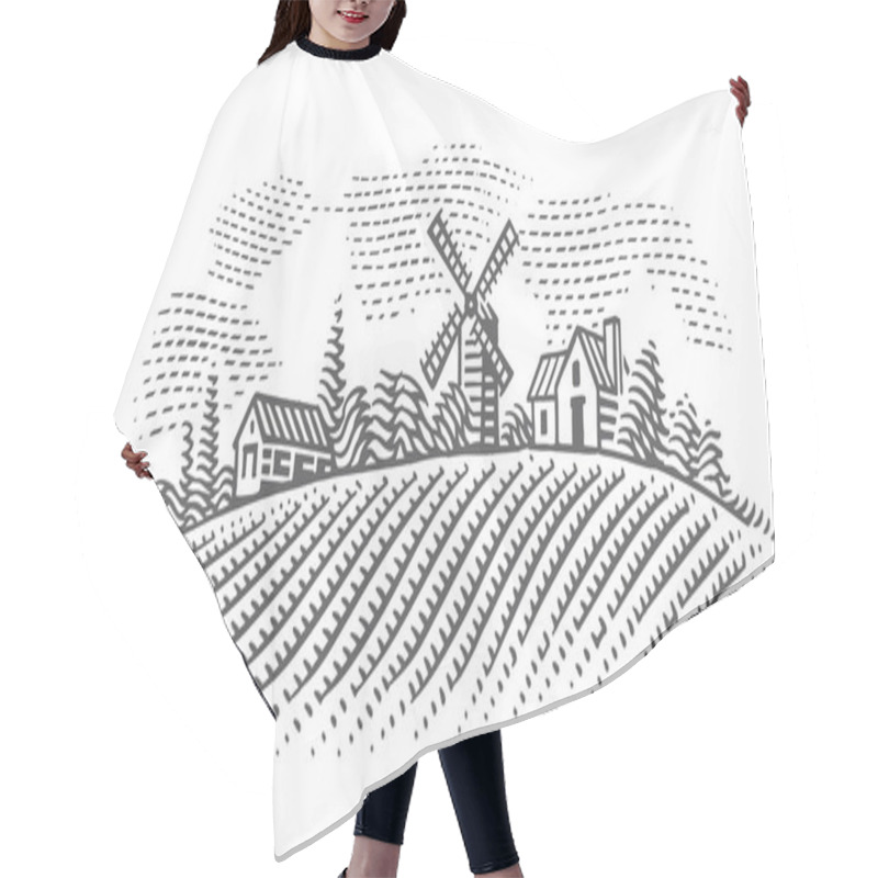 Personality  Rural Landscape With Windmill And Village Houses Engraving Style Illustration. Vector. Hair Cutting Cape