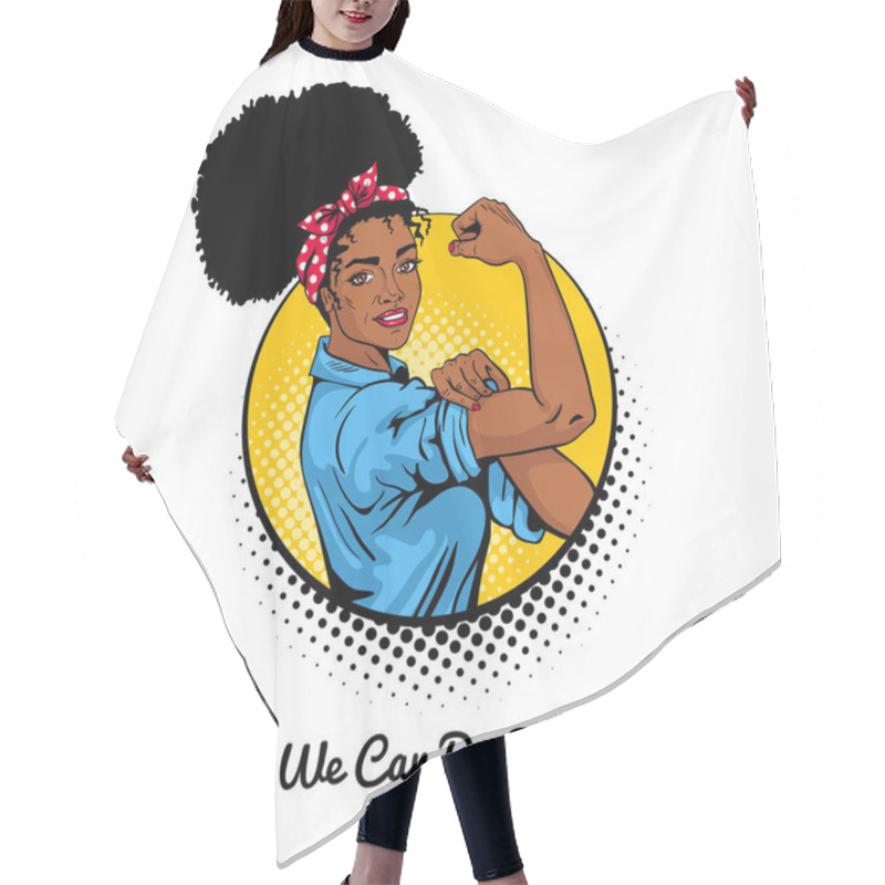 Personality  We Can Do It. Pop Art Sexy Strong African Girl In A Circle On White Background. Hair Cutting Cape