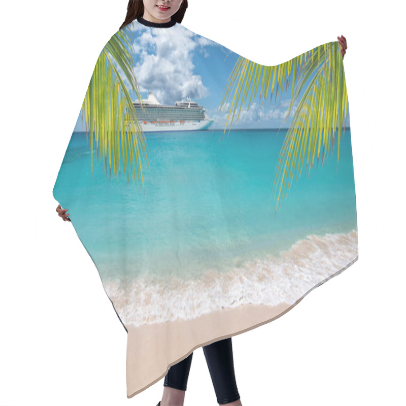 Personality  Tropical Beach With Palm Trees. Side View Of Luxury Cruise Ship In The Background. Hair Cutting Cape