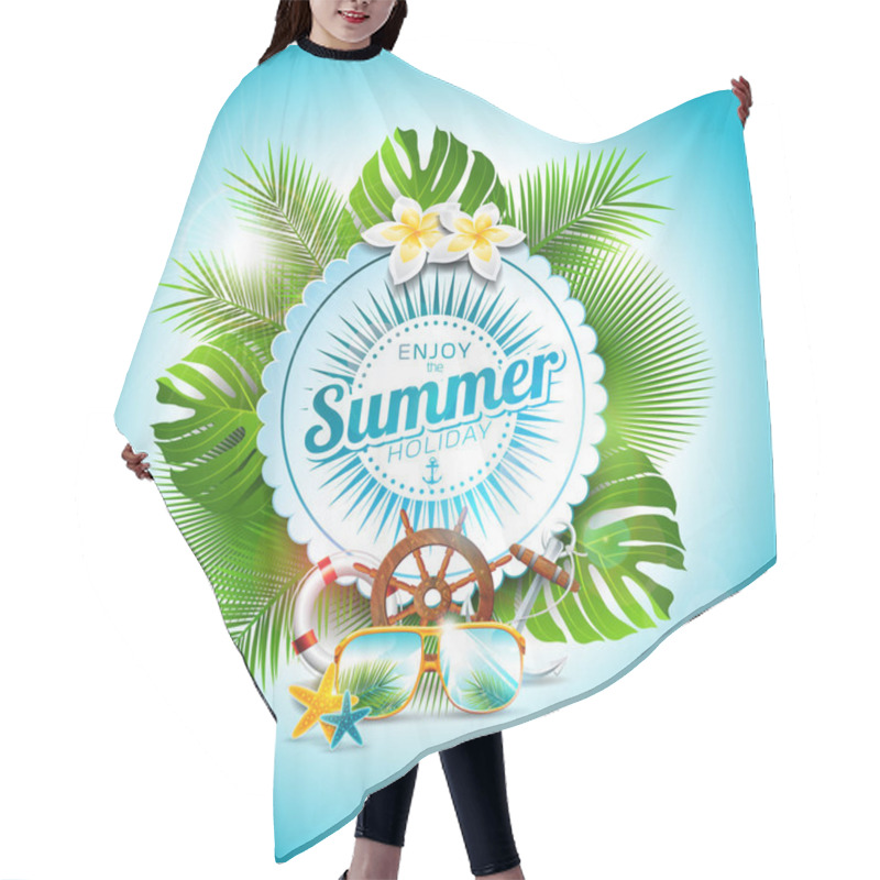 Personality  Vector Enjoy The Summer Holiday Typographic Illustration On White Badge And Tropical Plants Background. Flower, Sunglasses And Marine Elements With Blue Sky. Design Template For Banner, Flyer Hair Cutting Cape