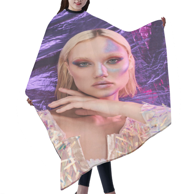 Personality  A Beautiful Young Woman Poses Elegantly With Holographic Attire. Hair Cutting Cape