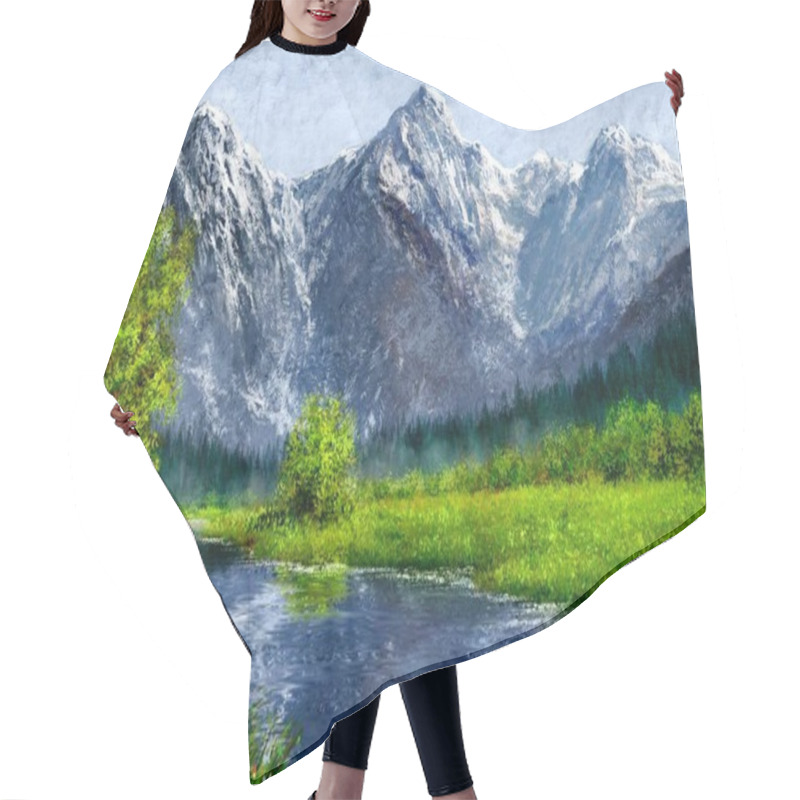 Personality  Oil Paintings Landscape With Lake And Mountains. Fine Art Hair Cutting Cape