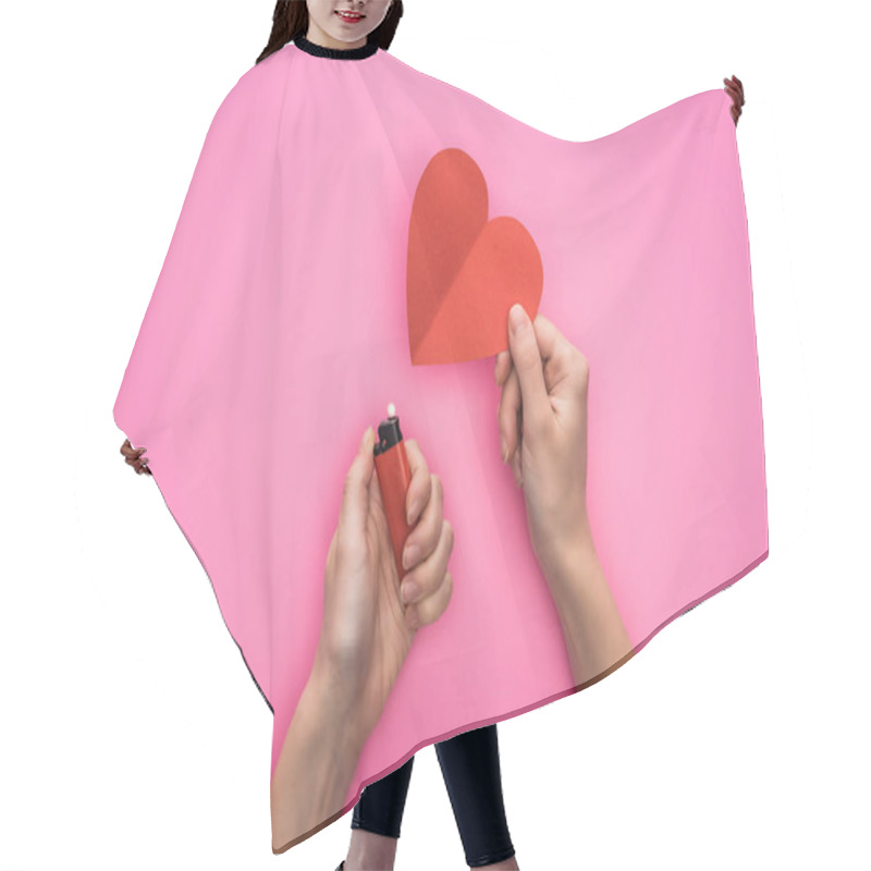 Personality  Cropped View Of Woman Lighting Up Empty Red Paper Heart With Lighter Isolated On Pink Hair Cutting Cape