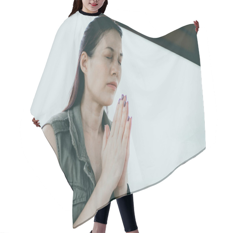 Personality  Asian Woman Praying Morning Outdoor, Hands Folded In Prayer Concept For Faith, Spirituality And Religion, Church Services Online Concept. Hair Cutting Cape