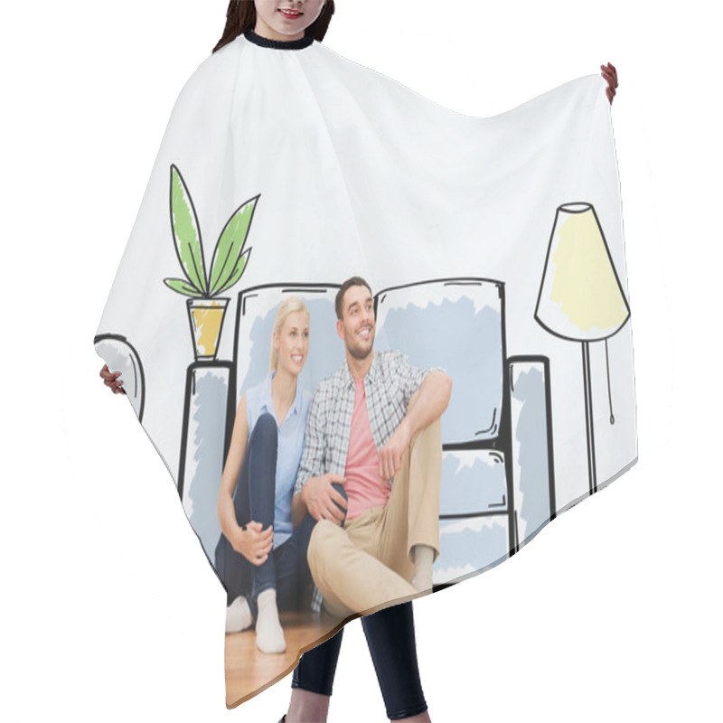 Personality  Happy Couple Of Man And Woman Moving To New Home Hair Cutting Cape