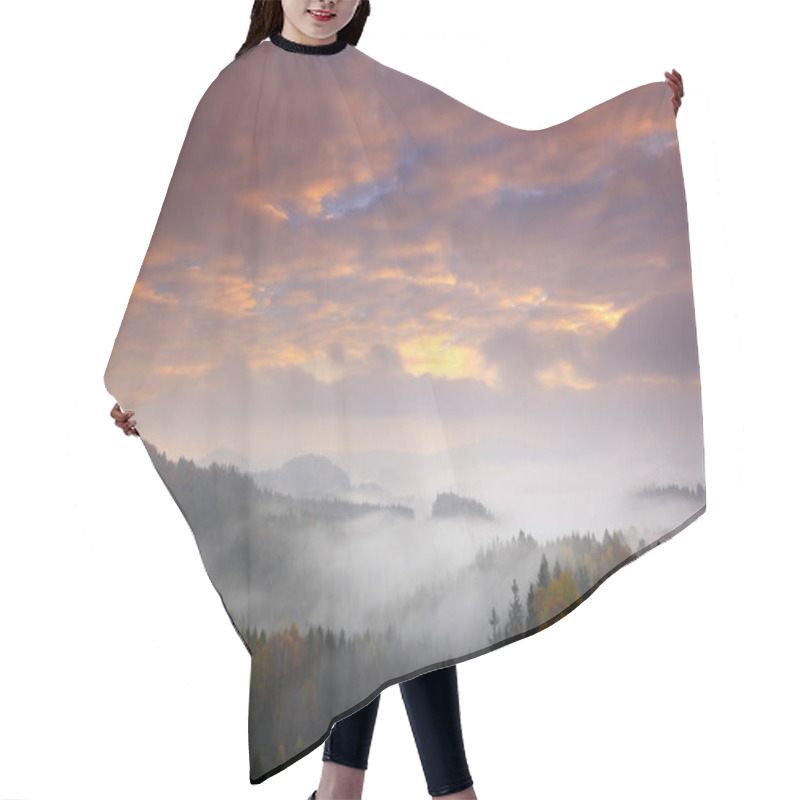 Personality  Hills And Trees With Foggy Morning Hair Cutting Cape