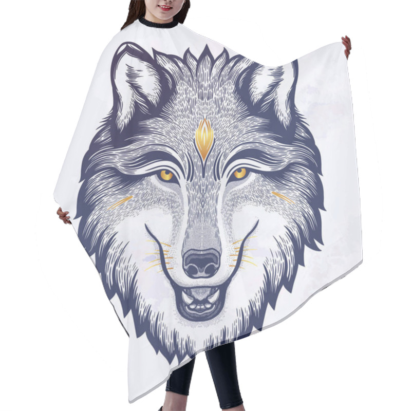 Personality  The Head Of A Wolf. Dreamy Magic Art. Night, Nature, Wicca Symbol. Isolated Vector Illustration. Great Outdoors, Tattoo Design. Hair Cutting Cape