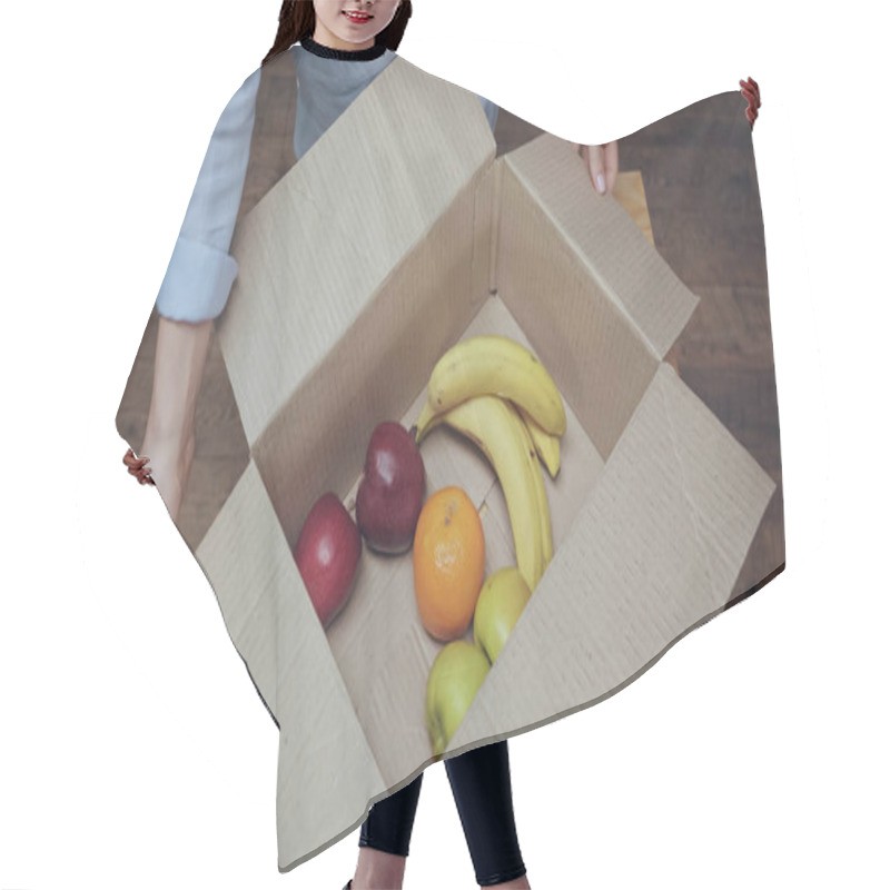 Personality  Cropped View Of Woman Opening Carton Box With Fresh Fruits At Home  Hair Cutting Cape