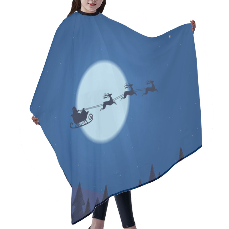 Personality  Santa Flying Through The Night Sky Under The Christmas Forest. Santa Sleigh Driving Over Line Drawing Woods Near Big Moon In Night. Hair Cutting Cape