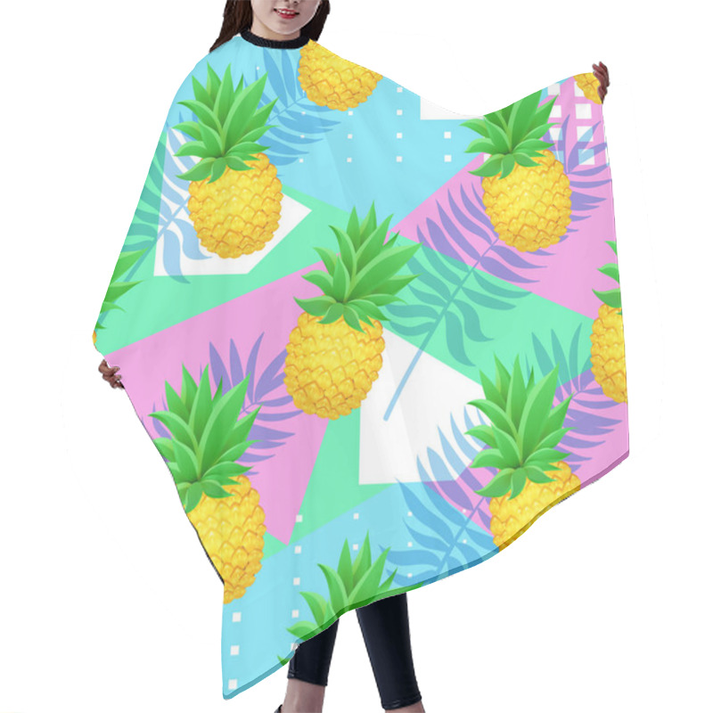 Personality  Seamless PINEAPPLE Tropical Pattern With Palm Leaves On Geometrical Background. Realistic Cartoon Pineapples. Hair Cutting Cape