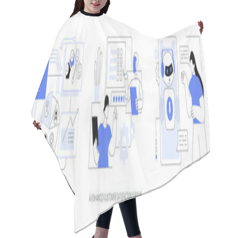 Personality  AI-Enhanced Customer Service Abstract Concept Vector Illustration Set. AI-Driven Service Recovery, Customer Satisfaction Surveys, AI-Powered Interactive Voice Response Systems Abstract Metaphor. Hair Cutting Cape