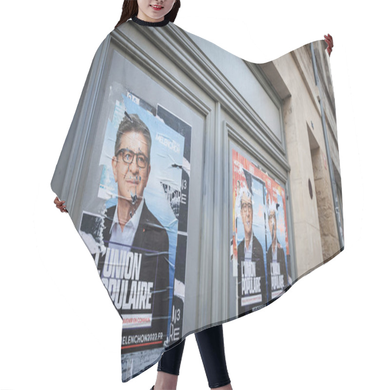 Personality  BORDEAUX, FRANCE - FEBRUARY 19, 2022: Torn Posters Of Jean Luc Melenchon In Bordeaux For The French 2022 Presidential Elections. Melenchon Is The Leader Of Left Wing Party La France Insoumise Hair Cutting Cape