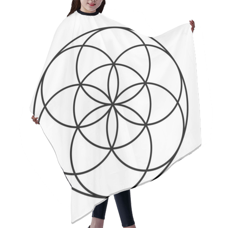 Personality  Seed Of Life With Protective Coat. Ancient Geometric Figure, Spiritual Symbol And Sacred Geometry. Overlapping Circles Forming A Flower Like Pattern, Preform Of The Flower Of Life. Black And White. Hair Cutting Cape