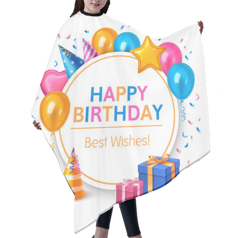 Personality  Birthday Background With Realistic Elements And Round Frame Hair Cutting Cape