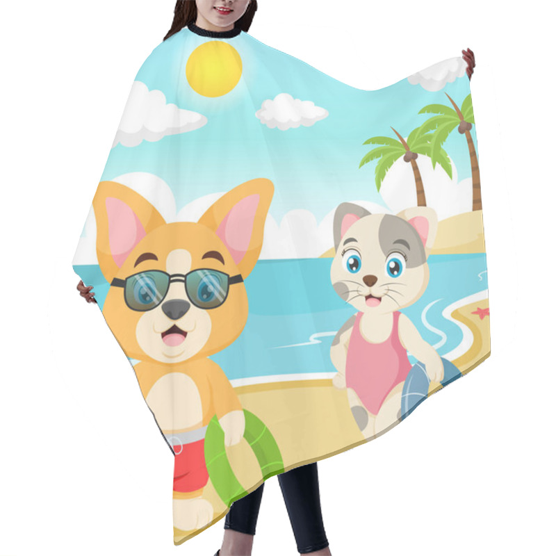 Personality  Vector Illustration Of Cartoon Funny Little Dog With Cat In The Beach Hair Cutting Cape