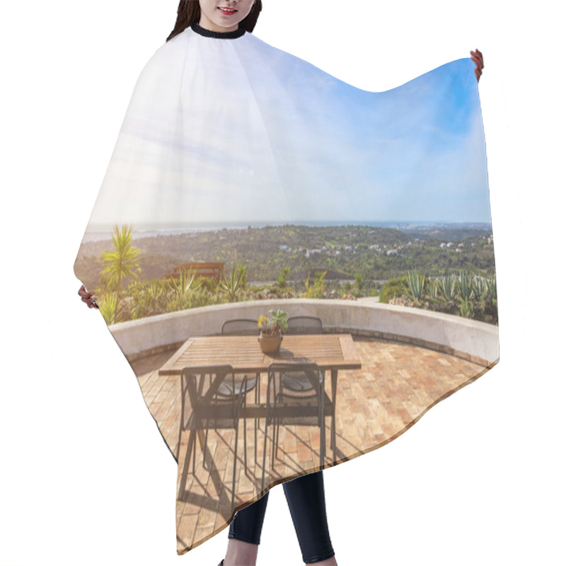 Personality  Wooden Table With Chairs On The Terrace, Balcony With City View. Hair Cutting Cape