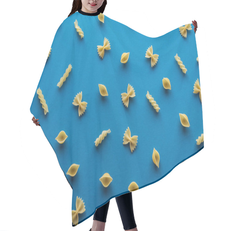 Personality  Top View Of Different Uncooked Pasta On Blue Background Hair Cutting Cape