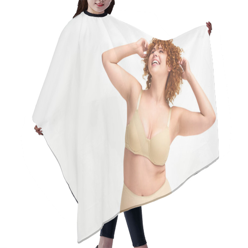 Personality  Overjoyed And Redhead Plus Size Woman In Beige Underwear Smiling And Looking Away On White Hair Cutting Cape