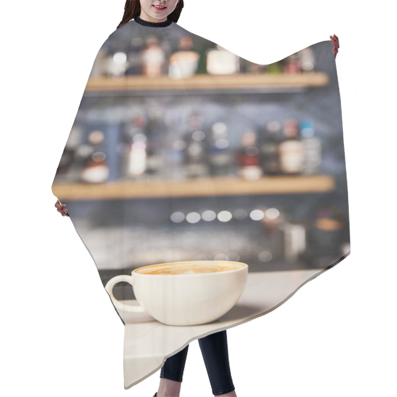 Personality  Selective Focus Of Hot And Tasty Cappuccino In White Cup  Hair Cutting Cape