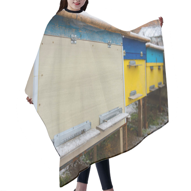 Personality  Bee Hives Covered With Snow In A Garden, Outdoor Horizontal Shot Hair Cutting Cape