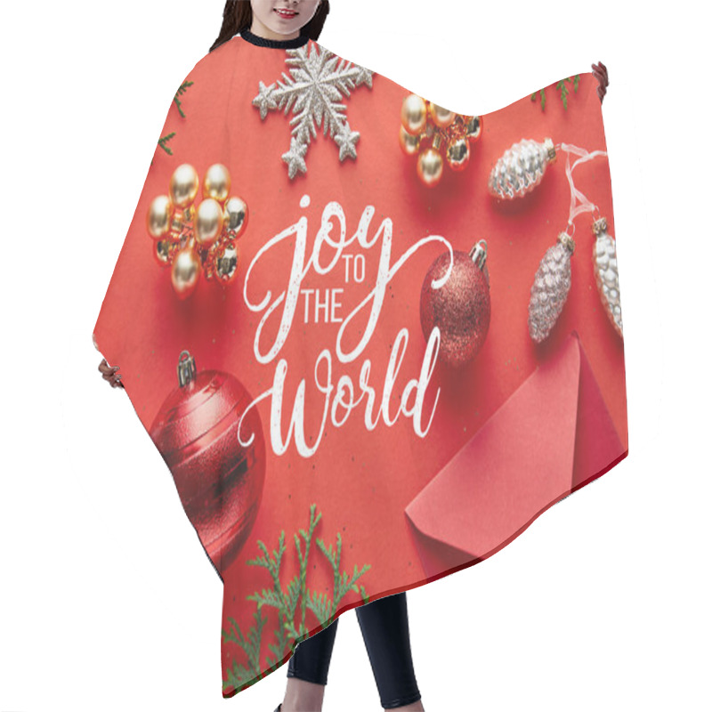 Personality  Top View Of Shiny Christmas Decoration, Envelope And Thuja On Red Background With Joy To The World Illustration Hair Cutting Cape