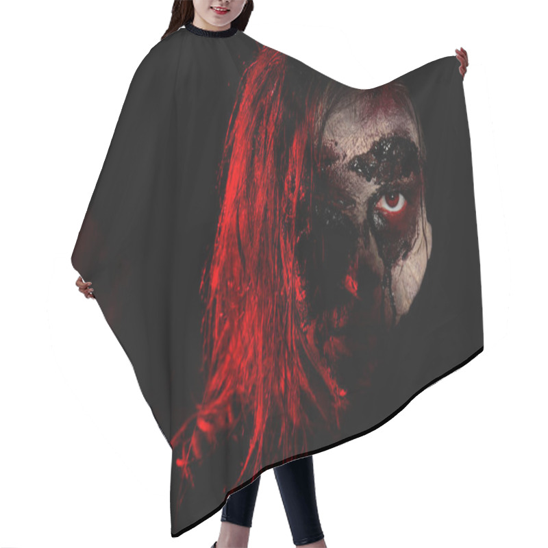 Personality  Scary Zombie On Dark Background, Closeup. Halloween Monster Hair Cutting Cape