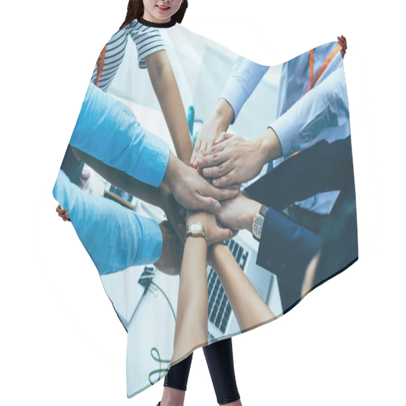 Personality  Business People Showing Unity And Collaboration Gesture Hair Cutting Cape