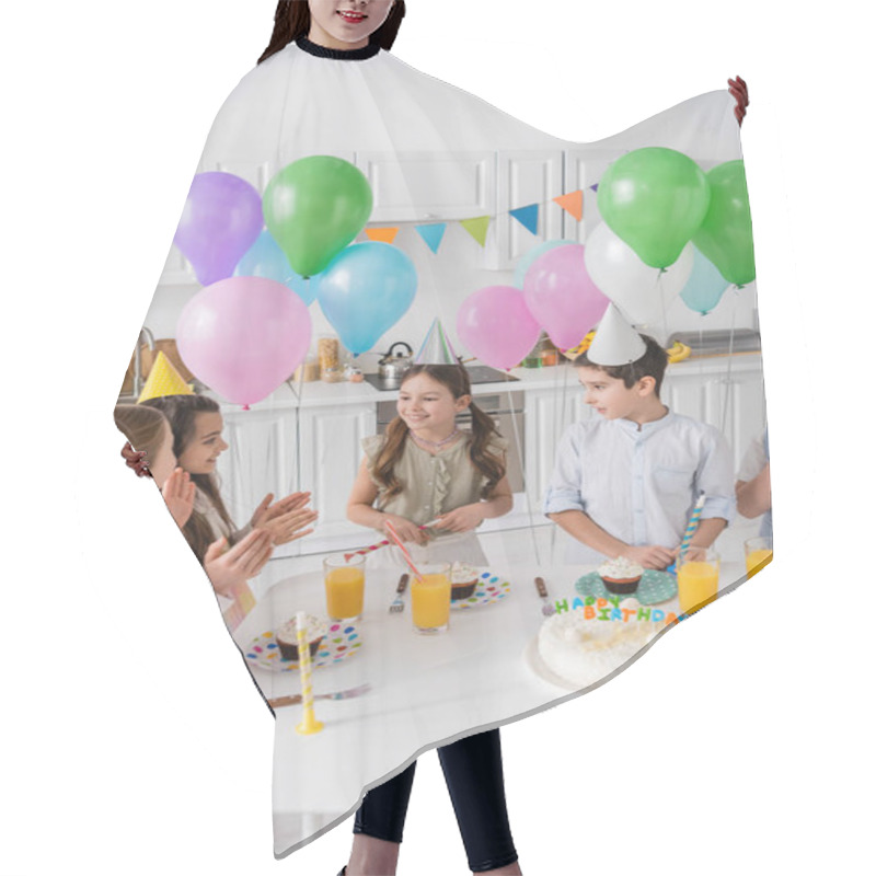 Personality  Happy Children Clapping Hands And Singing Happy Birthday Song Next To Cake With Candles And Balloons  Hair Cutting Cape