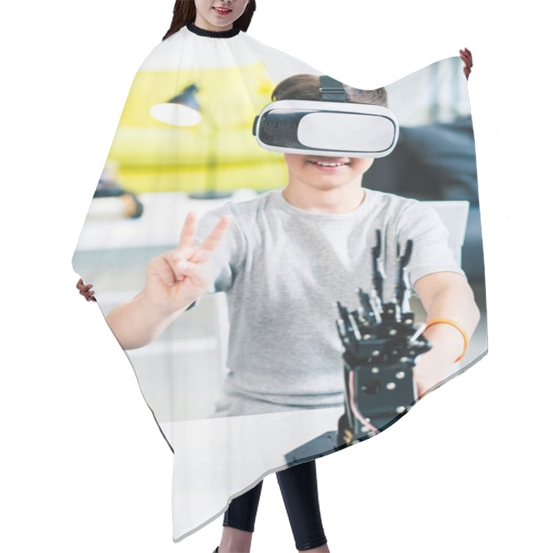 Personality  Cheerful Little Smart Boy Using His VR Glasses While Experimenting With Humanoid Robotic Hand At Home Hair Cutting Cape