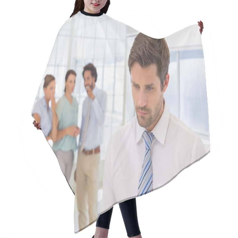 Personality  Colleagues Gossiping With Sad Businessman In Foreground Hair Cutting Cape