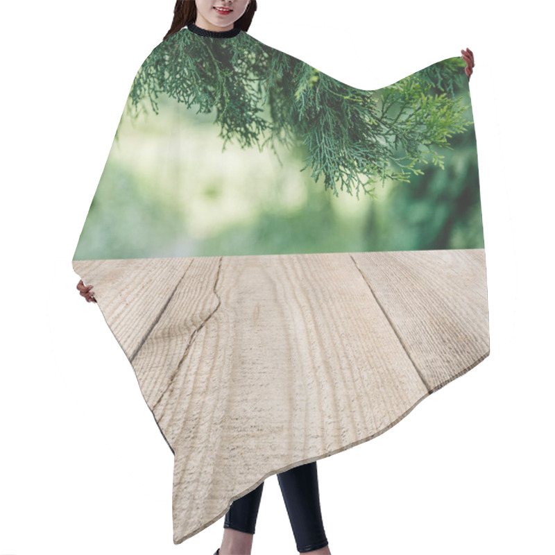 Personality  Surface Of Beige Wooden Planks With Cropped Pine Tree Leaves On Background Hair Cutting Cape