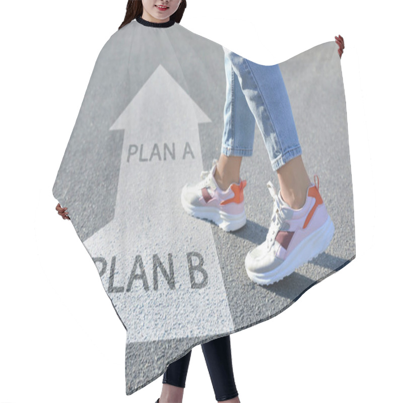 Personality  Choosing Between Plan A And Plan B. Woman Near Pointers On Road, Closeup View Hair Cutting Cape