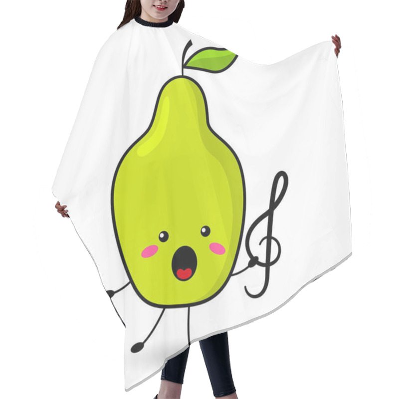 Personality  Funny Pear Sings In A Cartoon Style. Vector. Juicy And Bright Fruit. Cute Character With Emotions. For Your Design. For Stickers, Cards, Avatars. Isolated On A White Background. Hair Cutting Cape