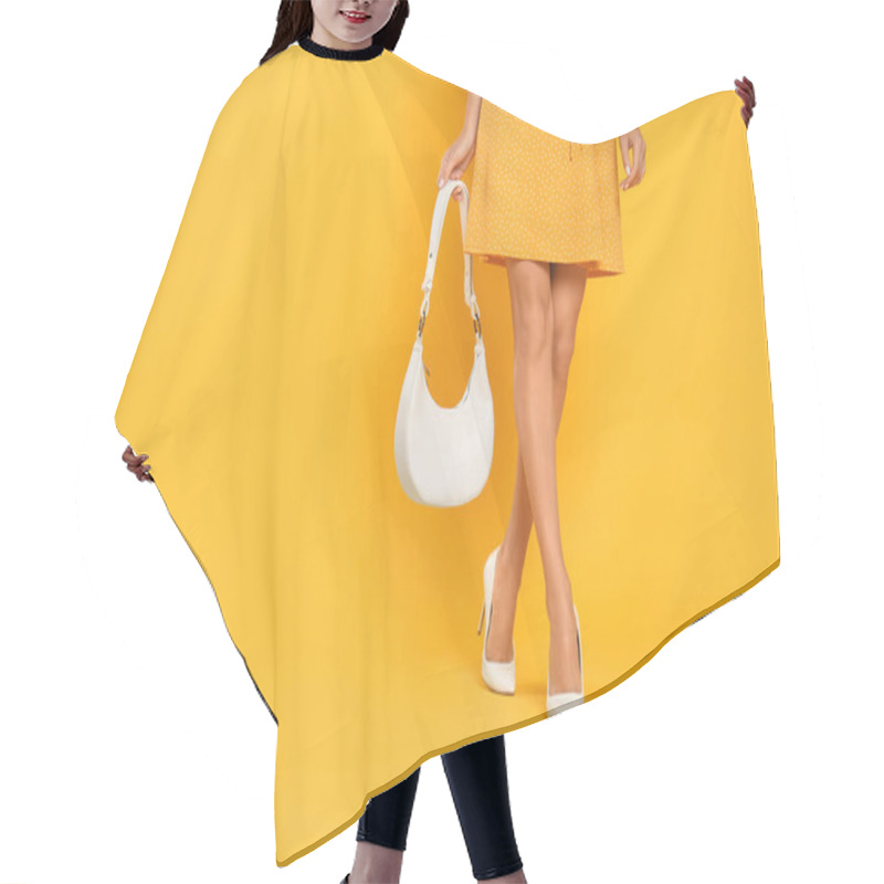 Personality  Woman With Stylish Bag On Yellow Background, Closeup. Space For Text Hair Cutting Cape