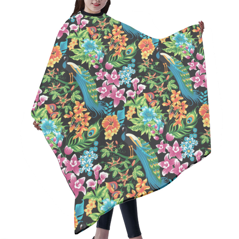 Personality  Seamless Tropical Pattern With Peacocks And Flowers. Hair Cutting Cape