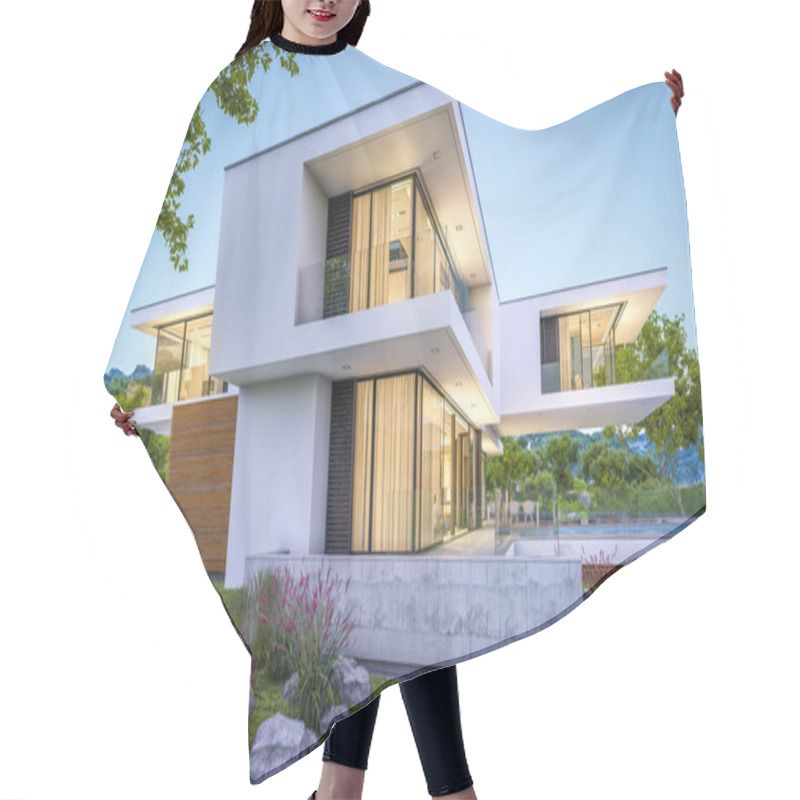 Personality  3d Rendering Of Modern Cozy House By The River With Garage For Sale Or Rent With Beautiful Mountains On Background. Clear Summer Evening With Blue Sky. Cozy Warm Light From Window. Hair Cutting Cape