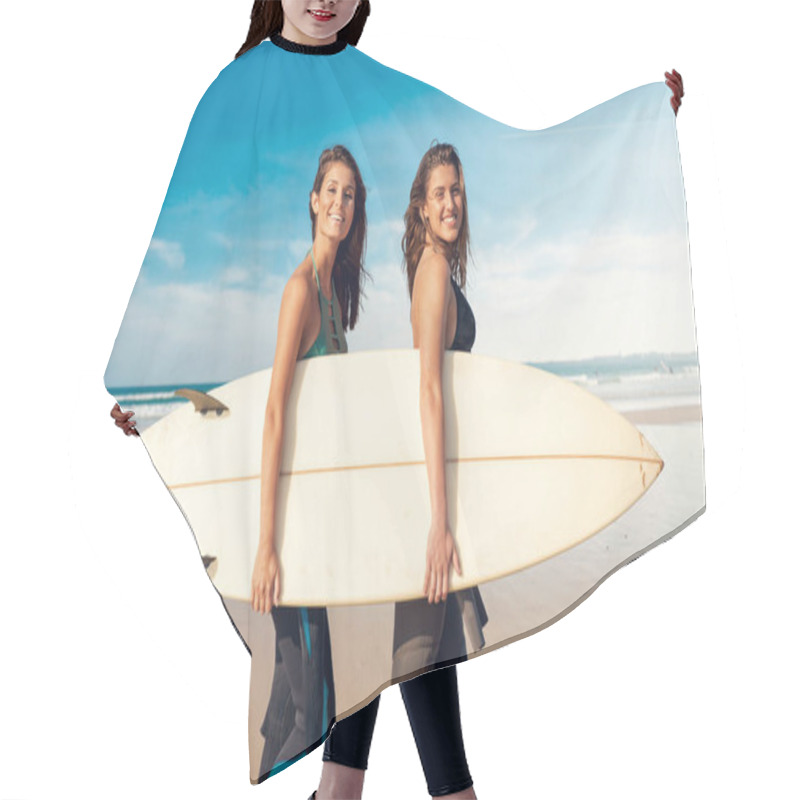 Personality  Beautiful Surfer Girl On The Beach With Her Surfboard And Smiling Hair Cutting Cape