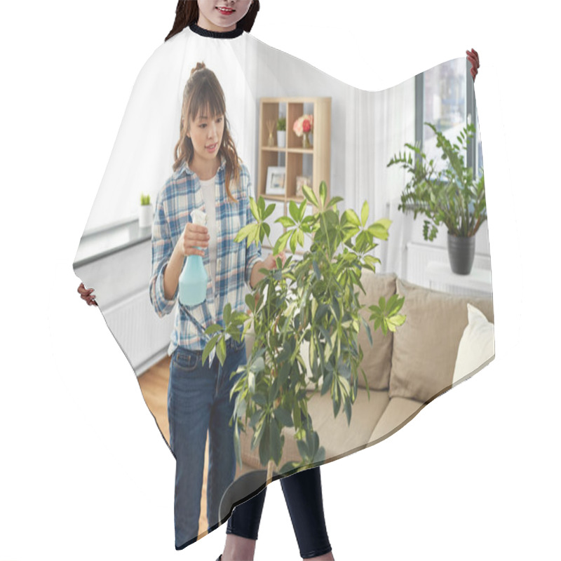 Personality  Asian Woman Spraying Houseplants At Home Hair Cutting Cape