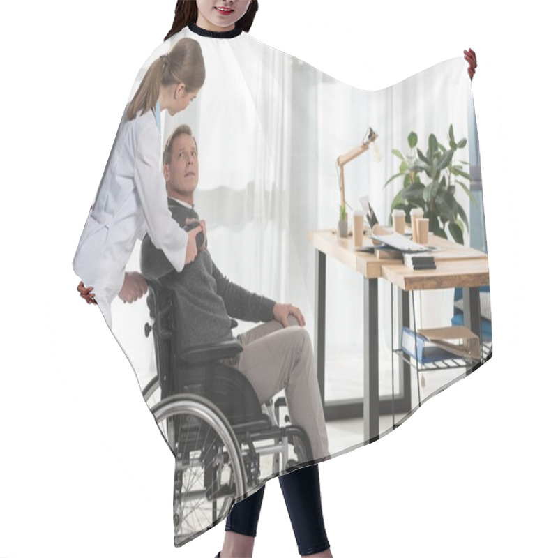 Personality  Female Doctor Talking To Mature Man On Wheelchair Hair Cutting Cape