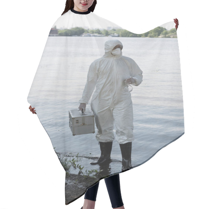 Personality  Full Length View Of Water Inspector In Protective Costume Holding Inspection Kit And Flask At River Hair Cutting Cape