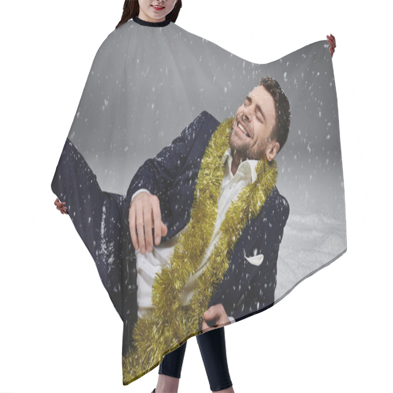 Personality  A Cheerful Young Man Dressed Formally Enjoys A Snowy Scene With Festive Flair. Hair Cutting Cape