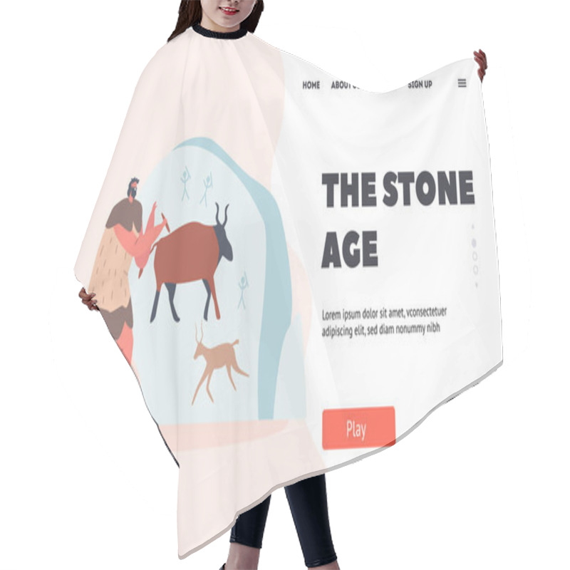 Personality  Stone Age Landing Page Template. Caveman Character Painting Animals On Wall. Ancient Period Of Human Civilization Hair Cutting Cape