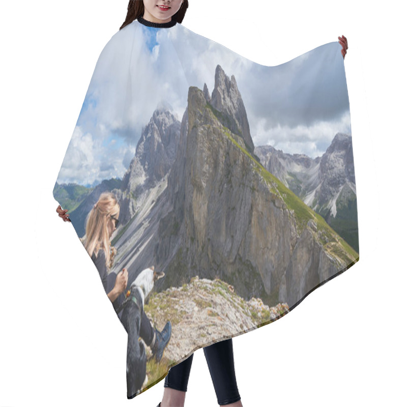 Personality  Hikers In The Dolomites Walk On Mountain Hiking Trails In The Woods Around The Lakes Whith Dog Hair Cutting Cape