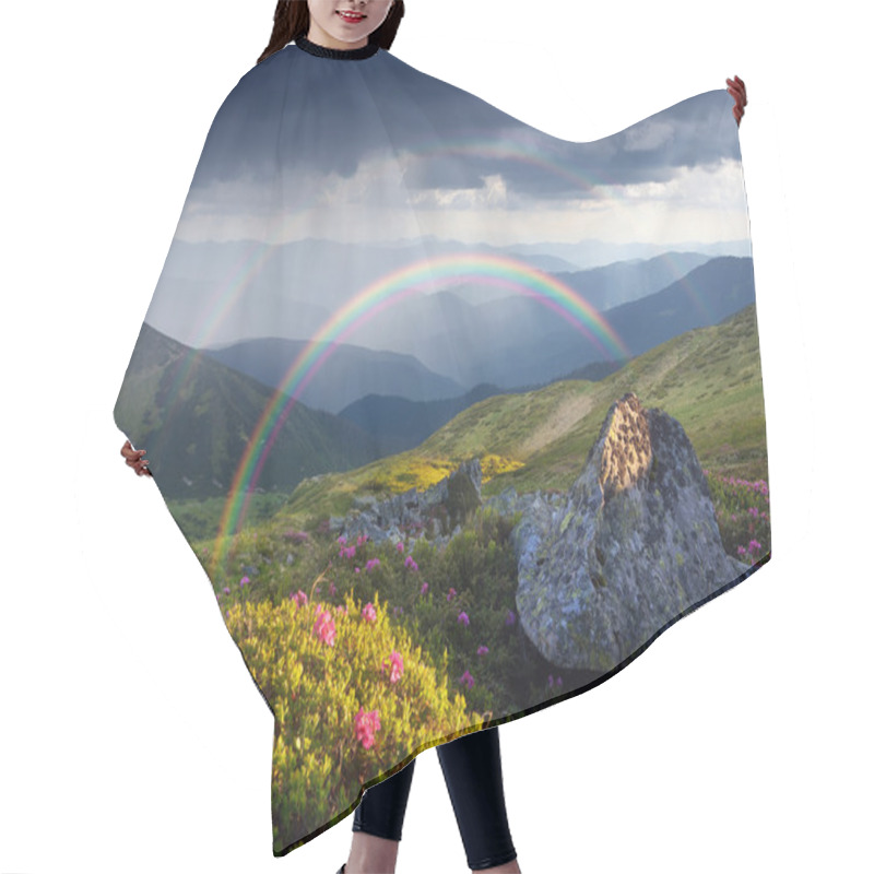 Personality  Summer Landscape With Rainbow And Flowers In The Mountains Hair Cutting Cape